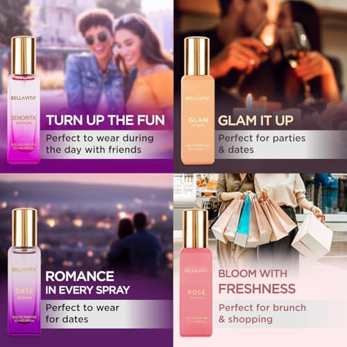 BellaVita Luxury Perfume Gift Set for Women | Includes DATE, Senorita, GLAM, ROSE Perfumes | Floral, Fruity & Savoury Long Lasting Scents | Gift Set for Women | Special Womens Collection (4x20ml)