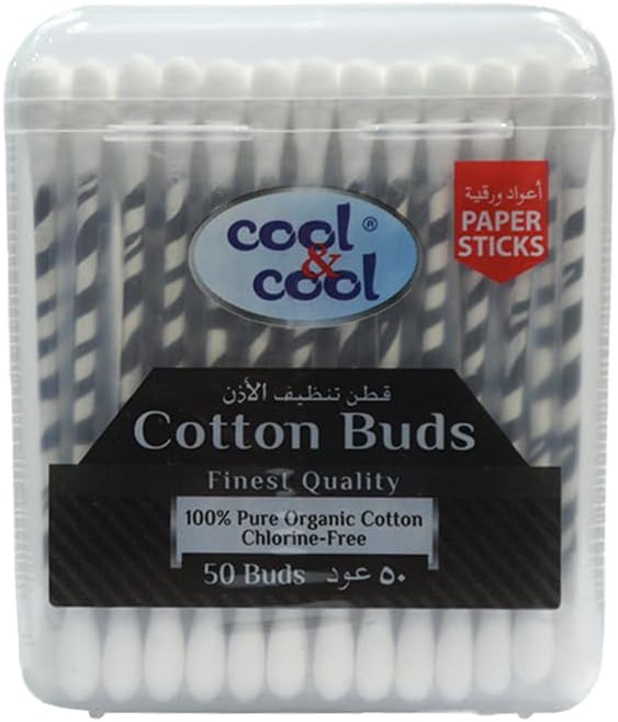 Cool & Cool Organic Paper Ear Buds - 50's - Black - Round Thick Tips,Cotton Swabs,100% Cotton,Double Tipped,Hygienic,Gentle & Safe Swabs for Ears