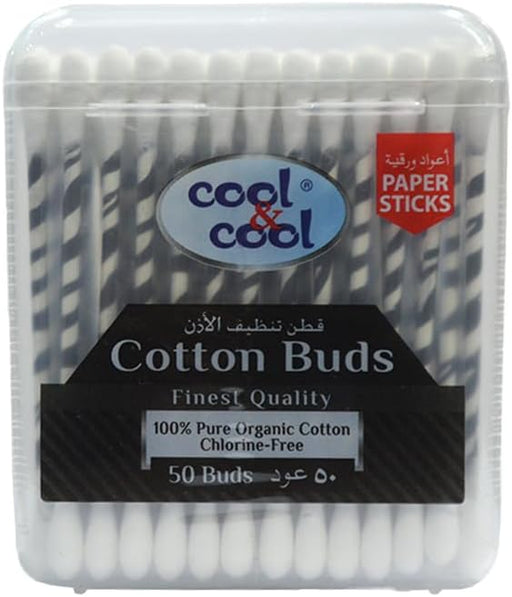 Cool & Cool Organic Paper Ear Buds - 50's - Black - Round Thick Tips,Cotton Swabs,100% Cotton,Double Tipped,Hygienic,Gentle & Safe Swabs for Ears