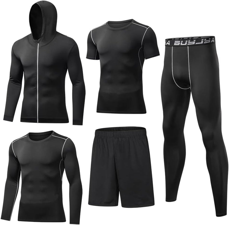 5Pcs Men's Compression Pants Shirt Top Long Sleeve Jacket Athletic Sets Gym Clothing Mens Workout Valentine's Day gift - Black
