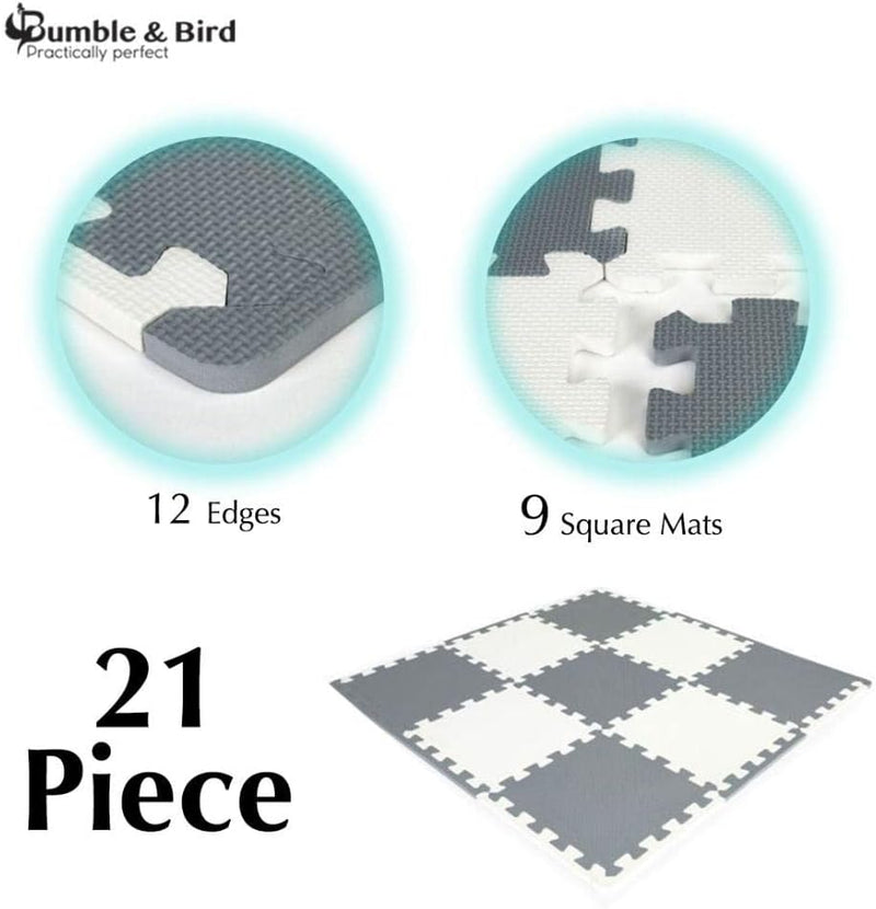 Bumble & Bird - Baby Play Mat - Motor Skills - Educational Mat - Non-Toxic EVA Foam - Waterproof - Easy to Clean - Easy to Store - 9pcs + 12 Edges - 60cm x 60cm x 1.2cm - Grey