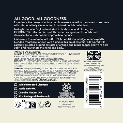 Baylis & Harding Goodness Lemongrass & Ginger Hand Wash, 500ml (Pack of 1) | Natural Formula with Organic Extracts and Essential Oils | Luxurious and Refreshing | Paraben Free | Vegan