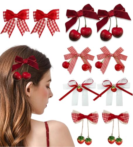 KWSLIN 10 Pack Cherry Strawberry Bow Hair Clip, Cute Red Alligator Clips Bow Bow Hairpin Ponytail Hair Accessories Fruit Hair Barrettes for Kid Teen Girls Women, 5 Style