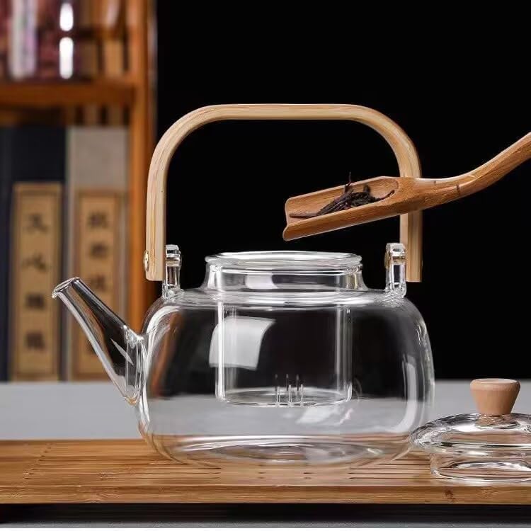1L Borosilicate Glass Teapot Stovetop safe ï¼ŒLoose Leaf and Blooming Tea Maker, Christmas GiftGlass Tea Kettle with Wooden Handle,Large Size for Women and Adult (clear)