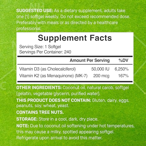 DEAL SUPPLEMENT Vitamin D3 50,000 IU + K2 MK7 200 mcg,240 Softgels | Virgin Coconut Oil, Max Strength Vitamin D & K, Promotes Heart, Bone, & Teeth Health â€“ One Softgel Weekly, Easy to Swallow