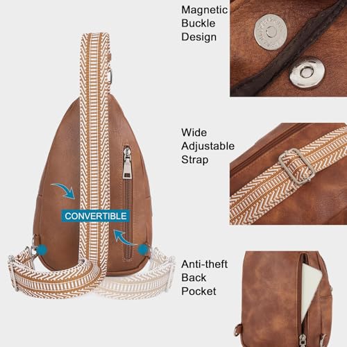 BIGTHREE Small Sling Bag for Women, Leather Fanny Pack Crossbody Bags for Women and Men, Chest Bag With Guitar Strap, PU Leather Crossbody Bags, Crossbody Fanny Pack Sling Bag for Hiking Running
