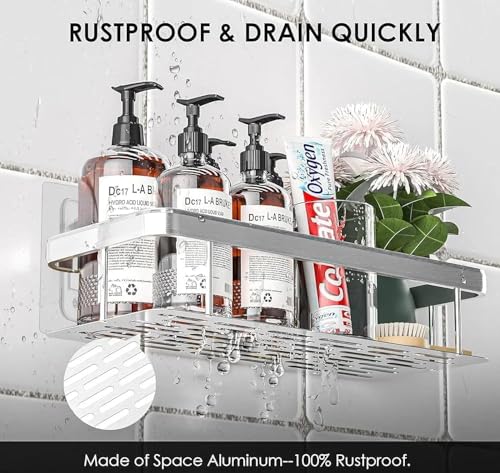 Shower Caddy Silver, Self Adhesive 2 Pack Shower Shelves with Hooks, Bathroom Organizer and Storage, No Drilling Rust Proof Aluminum Shower Racks, Bathroom Accessories