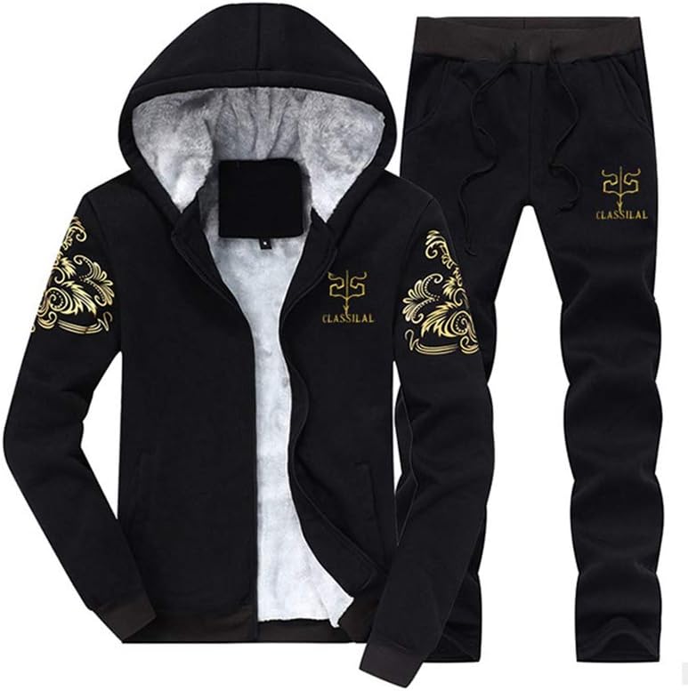Men's Casual Tracksuit Full Zip Running Jogging Athletic Sports Jacket and Pants Set - Thick Black