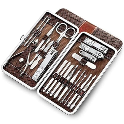 Nail Clippers and Beauty Tool Portable Set, 21Pcs Stainless Steel Manicure Kit Professional Nail Clippers Kit Pedicure Care Tools Grooming Tools with PU Leather Case for Men Women Travel&Home (Brown)