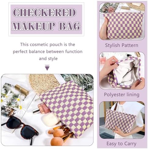 ZLFSRQ 3Pcs Checkered Makeup Bag for Women Large Cosmetic Bag Set Travel Toiletry Bag Makeup Pouch Bag for Purse Pink Zipper Storage Bag Organizer Cute Small Aesthetic Girls Car Essentials Bag