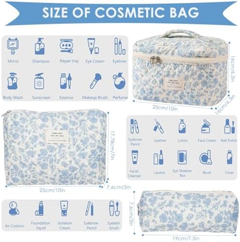 xiaochen 3PCS Makeup Bag Set,Cotton Quilted Makeup Bag,Floral Large Travel Cosmetic Bag,Flower Travel Toiletry Bag, Cute Aesthetic Toiletry Bag for Women Girls