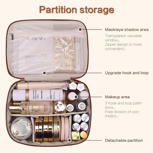 Large Makeup Bag, Portable Travel Makeup Bag for Women Girls, Makeup Organizer Cosmetic Bag with Makeup Brush Compartment, Waterproof Leather Makeup Travel Case With Handle and Divider - Black (Pink)
