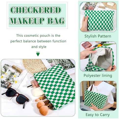 ZLFSRQ 3Pcs Checkered Makeup Bag for Women Large Cosmetic Bag Set Travel Toiletry Bag Makeup Pouch Bag for Purse Pink Zipper Storage Bag Organizer Cute Small Aesthetic Girls Car Essentials Bag