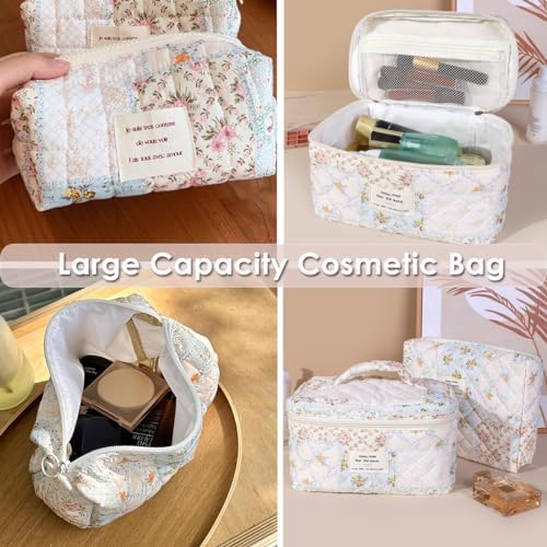 xiaochen 3PCS Makeup Bag Set,Cotton Quilted Makeup Bag,Floral Large Travel Cosmetic Bag,Flower Travel Toiletry Bag, Cute Aesthetic Toiletry Bag for Women Girls