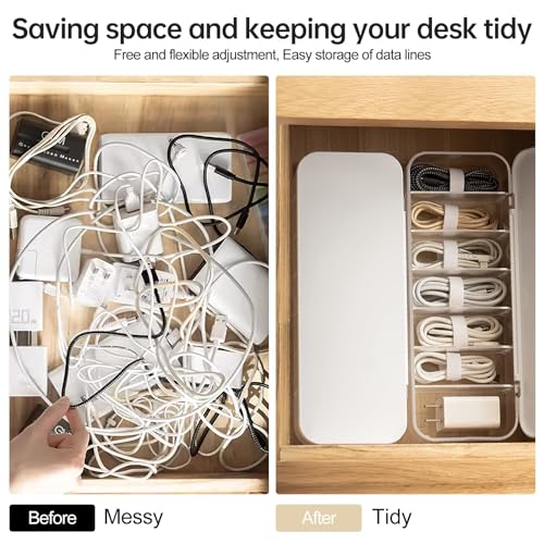 Cable Organizer Storage Box with 7 Wire Ties, Desktop Cable Management Box with Lid, Power Cord Organizer with 7 Compartments for Office, Home, Desk Accessories Storage Stationery Supplies White