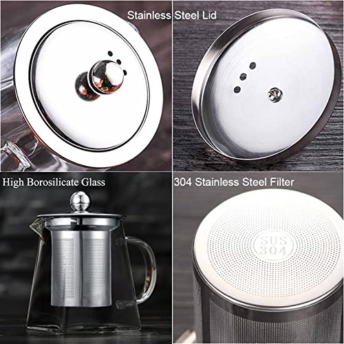 VUCATIN Square Glass Tea Pot, Borosilicate Glass Teapot, Loose Leaf Tea Kettle, 950 ml Borosilicate Glass Heat Resistant Clear Leaf Teapot with Infuser Strainer for Microwavable and Stovetop Safe
