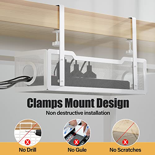 Cinati Under Desk Cable Management Tray White, Cable Management Under Desk No Drill, 15.7Cable Tray with Clamp for Desk Wire Management,Desk Cable Management Box for Office, Home - No Damage to Desk