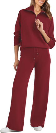Womens 2 Piece Outfits Sweatsuit Set Oversized Half Zip Sweatshirt Wide Leg Sweatpants Lounge Set Tracksuit - Burgundy