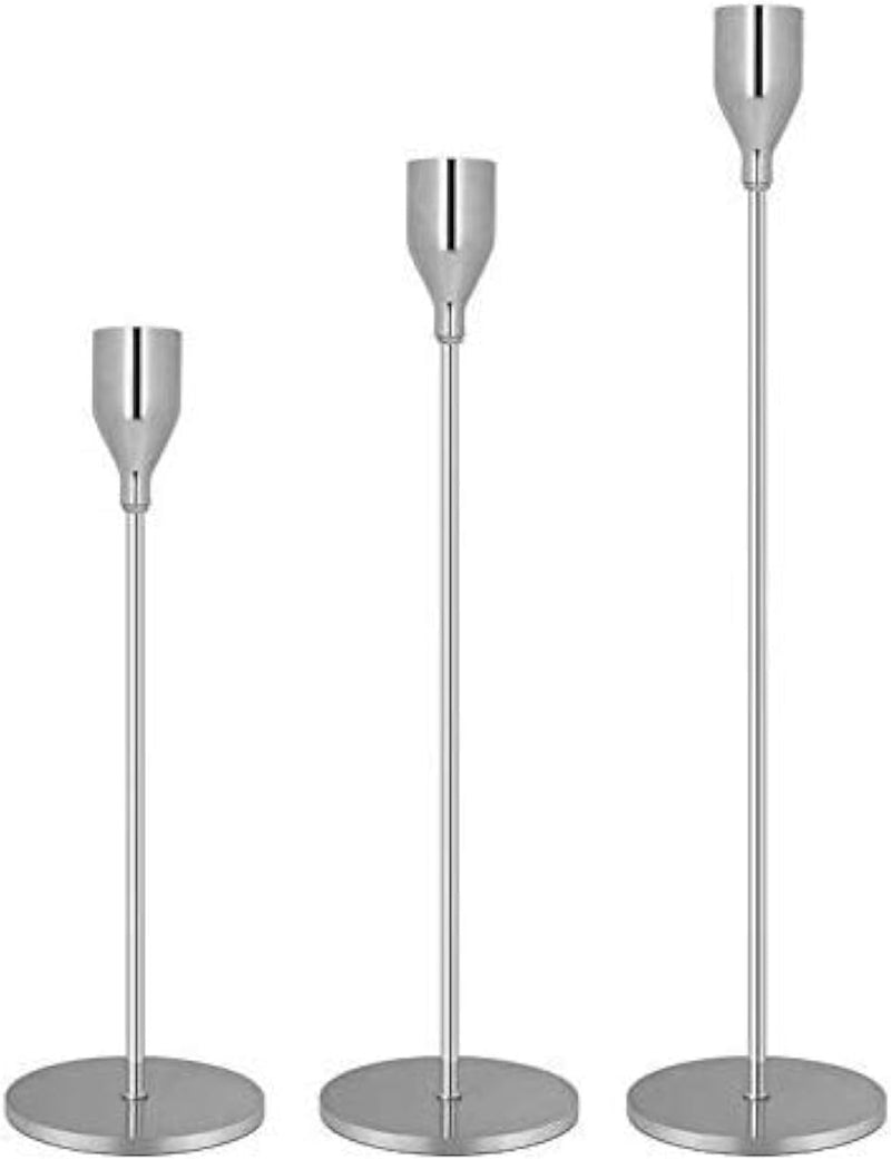 Tidelence Candle Holders for Taper Candles Set of 3 Decorative Candlestick Holders for Wedding, Dinning, Party Fits 3/4 inch Thick Candle&Led Candles (Silver)