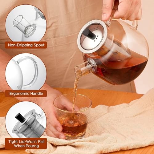 1500ML Glass Teapot with Removable Stainless Steel Infuser Strainer, 52oz Tea Kettle,Stovetop Safe Large Tea Pot, Blooming and Loose Leaf Hand Crafted Kettle for Adult Stainless Infuser
