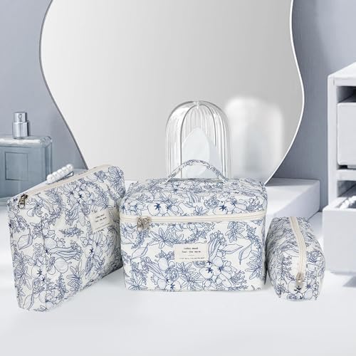 Joyzzz Makeup Bag, 3 PCS Large Floral Cosmetic Bag with Cotton Material, Quilted Makeup Bag with Zipper, Cotton Makeup Bag Set for Women and Girl, Flower Toiletry Bag for Travel, Daily Use