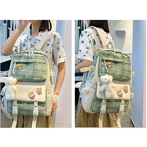 XTRANSF Kawaii Backpack 5pcs Set Aesthetic School Bags, Japanese Backpack with Badge & Pendant, Backpack Cute Aesthetic (C-Green)