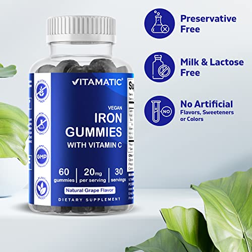 Vitamatic Iron Gummies Supplement for Women & Men - 20mg Serving - 60 Vegan Gummies - Great Tasting Iron Gummy Vitamins with Vitamin C (60 Count (Pack of 1))