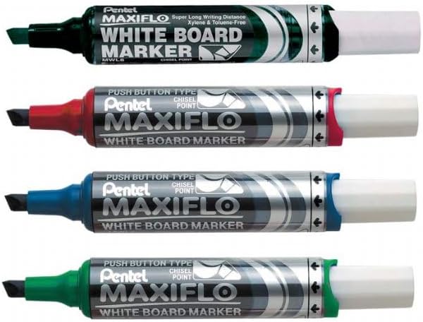 Pentel 5.7Mm Chisel Tip Wallet 4 Maxiflo White Board Liquid Ink Marker - Black/Red/Blue/Green