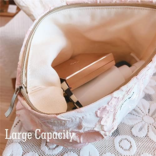 STARDW Flower Cosmetic Bags Makeup Bags for Women and Girls,Travel Makeup Bag Large Capacity Canvas Makeup Bag,Makeup Organizer Bag Zipper Pouch, Embossed pink, Large Capacity Aesthetic Makeup Bags