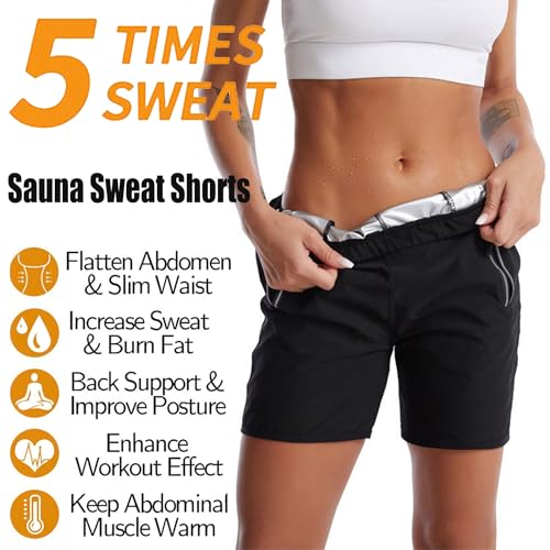 Women's Sauna Sweat Shorts, High Waist Tummy Control Leggings with Pocket, Workout Slimming Pants for Fitness, Running, Yoga