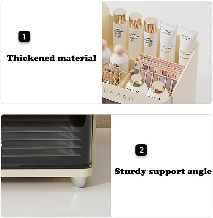QHWRV Large Capacity Modern Elegant Makeup Organizer, Cosmetic Display Cabinet with 7 Compartments, Drawers, Suitable for Dressing Table, Bathroom, Office Desk in White, Grey
