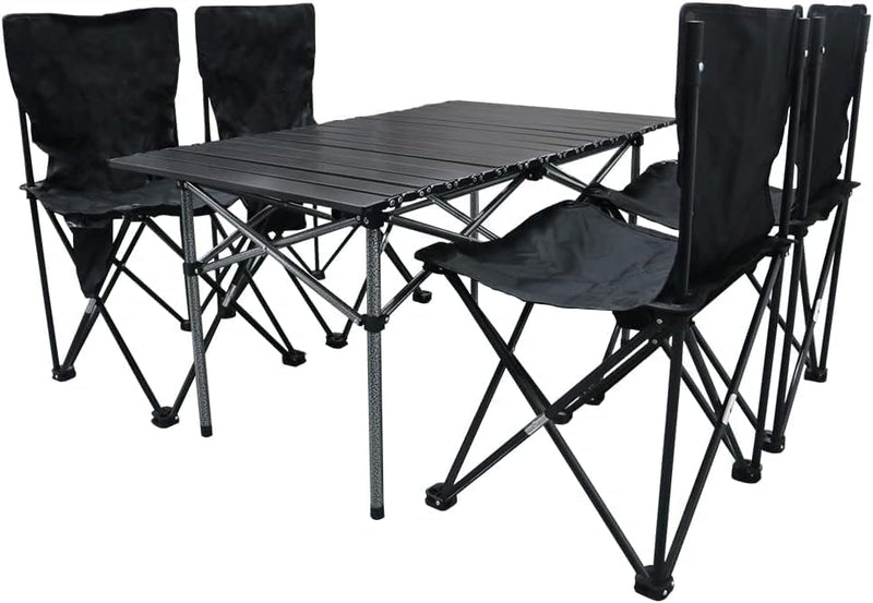 YU WELL Portable Roll-Up Camping Table with 4 Chairs, Lightweight Aluminum Folding Picnic Table Set with Carry Bag, Waterproof, Rust-Resistant Outdoor Table & Chair for Camping 95X55X50CM Black - Black Table 120X55X50CM With 4 Chairs
