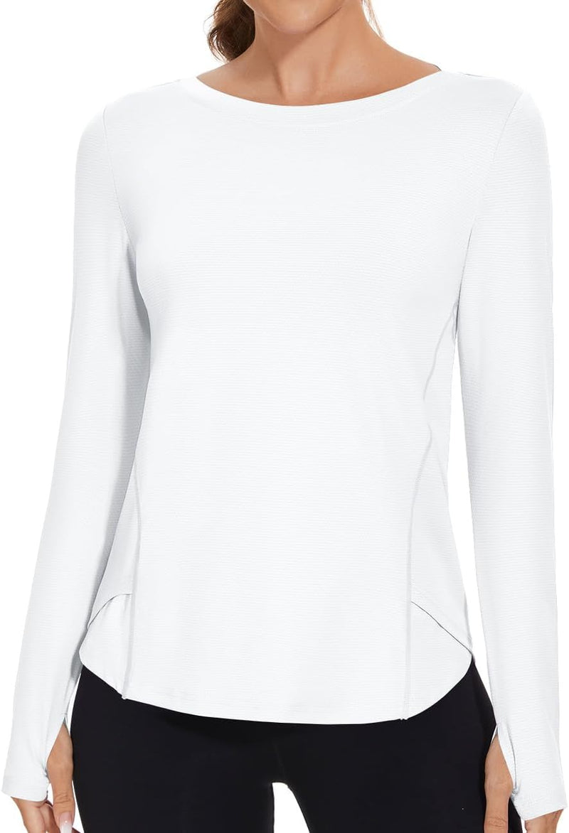 Rapbin Women's UPF 50+ Sun Protection T-Shirts Long Sleeve Boat Neck Workout Lightweight Quick Dry Top with Thumb Hole