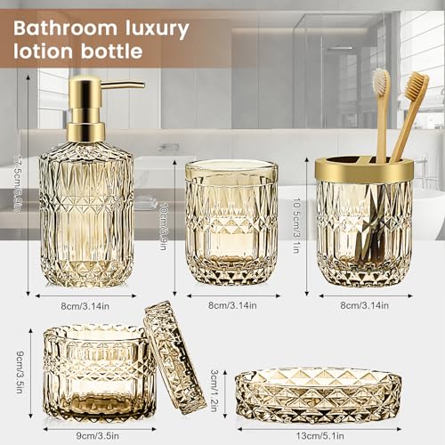 Decostatue Bathroom Accessories Set- 5 Pcs Modern Elegance with Soap Dispenser, Tumbler, Dish, Toothbrush Holder, Cotton Jar Countertop Vanity Organizer for Bathroom Set Glass- Golden