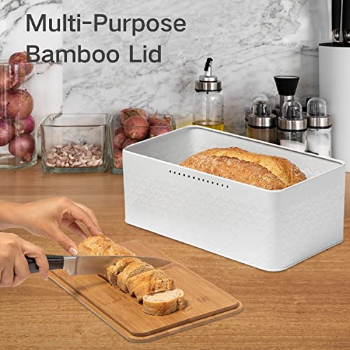 White Bread Box For Kitchen Countertop - Bread Box With Bamboo Wood Cutting Board Lid - Farmhouse White Bread Boxes - Metal Large Bread Box Modern Style To Extend Freshness - Bread Storage Container