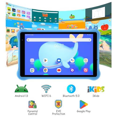 Blackview Tab50 Kids Tablet, Android 13 Tablet for Kids, 5GB臽 1TB, 5580mAh, 8 Inch Toddler Tablet with Parental Control Mode, Eye Protection Mode, iKids APP Pre-Installed, Kid-Proof Case - Blue