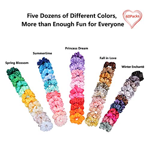 60 Pack Satin Scrunchies, BeeVines Satin Silk Scrunchies for Hair, Silky Curly Hair Ties for Women, Hair Ties Ropes for Teens, Girl's Scrunchies Pack