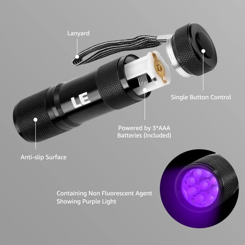 Lepro UV Flashlight, Black Light UV Torch, 9 LED 395nm UV Light, Blacklight Detector for Pet Urine, Stain, Bed Bugs, Scorpion and More, Ultraviolet Flashlight Mini, 3 AAA Batteries Included