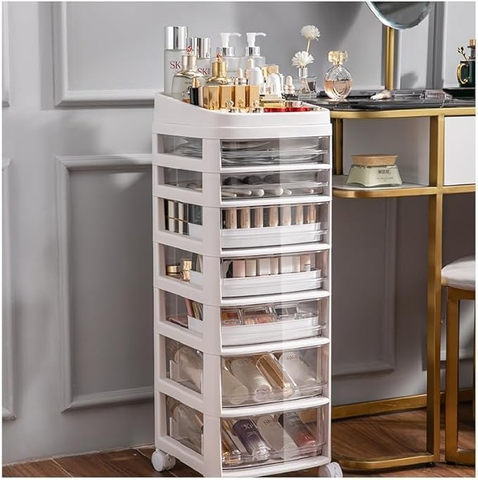 TAPIT Acrylic Clear Makeup Organizer and Storage Stackable Extra Large Skin Care Cosmetic Display Case with Pulley Makeup Accessories Beauty Skincare Product Organizer (White)