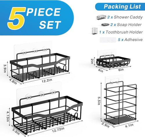 ZHUHAIRY 5 Pack Black Bathroom Organizer, Modern Stainless Steel Shower Wall Caddy, Corner Shelves for Shower Bathroom Storage, 20 KG Weight Capacity