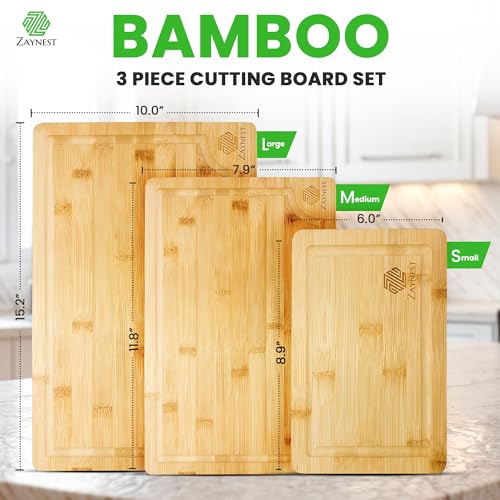 ZAYNEST Organic Bamboo Cutting Board Set ? 7-Piece Eco-Friendly Chopping Board with Juice Grooves, Stand & Wooden Utensils - Lightweight and Knife Friendly for Cutting, Cooking & Serving