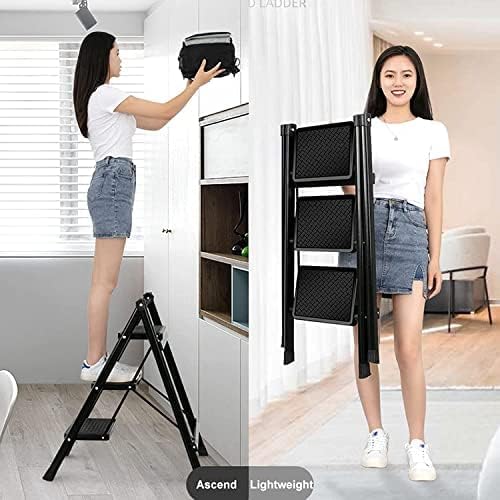 MOMENT 4 Step Ladder Folding, Sturdy 150kg Small Step Stool for Adults, Safer Full Steel Multi-use Kitchen Ladder for Home, Closet Step Stool Ladder with Anti-Slip Wide Pedals, Black