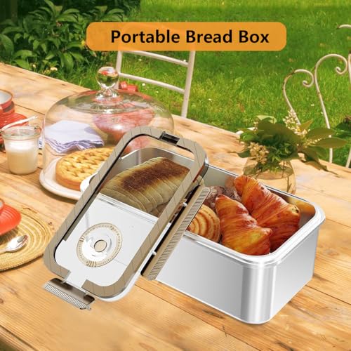 Angju Bakeable 304 Stainless Steel Bread Box for Homemade Bread, Portable Time Recording Bread Storage Container with Airtight Lid, Double Folding Handles Bread box for Kitchen Countertop, Bun, Bagel