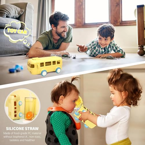 ALMEKAQUZ Bus Water Bottle for Kids,16.9oz/500ml Car Water Cup with Straw and Strap,Leakproof Plastic Drinking Jug with Movable Wheels for Boys School Sports Camping Picnic Hiking Travel Gift - Yellow