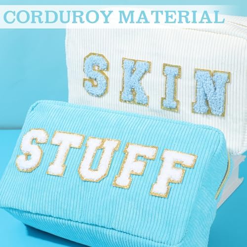 Pinkunn 4 Pcs Preppy Makeup Bags Christmas Chenille Letter Bag Face Skin Hair Stuff Cosmetic Bag Corduroy Makeup Pouch with Zipper Birthday Gifts for Women(Purple, Pink, White, Blue,Corduroy)