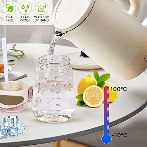 YOBOKO BPA Free Sports Water Bottle with Straw 14oz Bottle with Handle Wide Mouth 400ml Leak-Proof Straw Bottles for Boys,Girls,Adults (Grey)