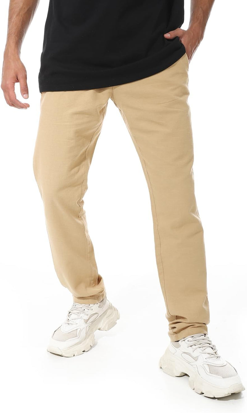 Mens Linen Regular Fit Fly Zipper Button Pants - Beige