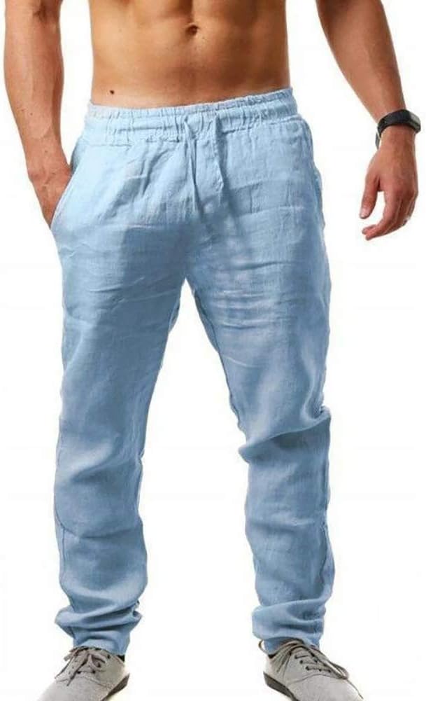 Men's Linen Pants Casual Long Pants - Loose Lightweight Drawstring Yoga Beach Trousers Casual Trousers - 6 Colors - Blue