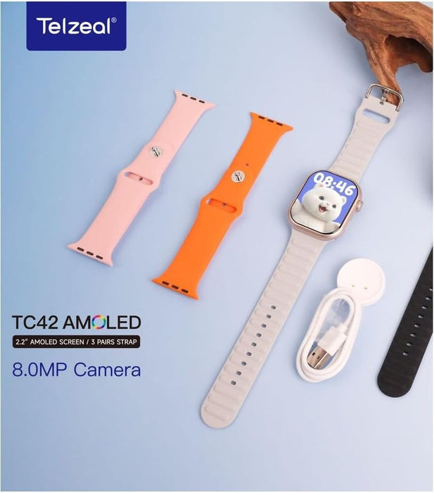 Telzeal TC42 AMOLED 4G 2.2 Inch AMOLED Display Smartwatch with 8MP Camera Sim card Slot 3 Pair Straps and Charging Cable Designed for Ladies and Gents (Silver)