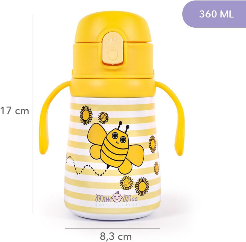 Milk&Moo Kids Steel Water Bottle 360ml Stainless Steel Thermos Water Bottle for Toddlers & Preschoolers Insulated Bottle with Straw Lid, Handle & Strap Leak-Proof Bottle (Bee Viz Viz)